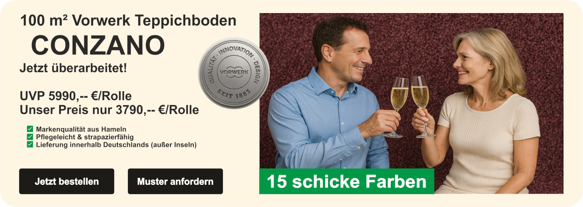 Vorwerk Teppichboden Conzano – 100 m² Großrolle, zugeschnitten ab Werk Hameln